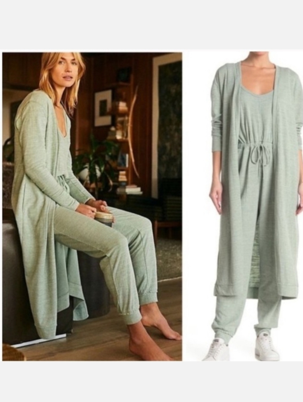Free People Bicoastal Set In Light Sage Green Jumpsuit & Long Cardigan Set